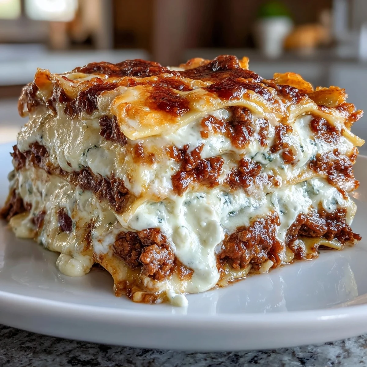 Golden, bubbling layers of Worlds Best Lasagna with ground beef, ricotta, and marinara sauce fresh from the oven.