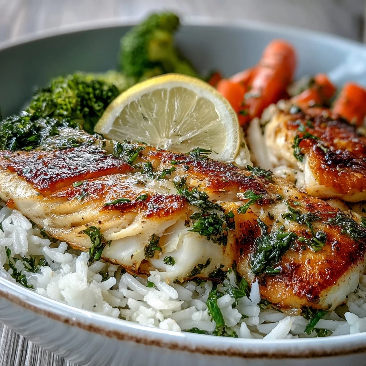 Vibrant steamed broccoli and carrot slices add color and crunch to a wholesome baked tilapia bowl.