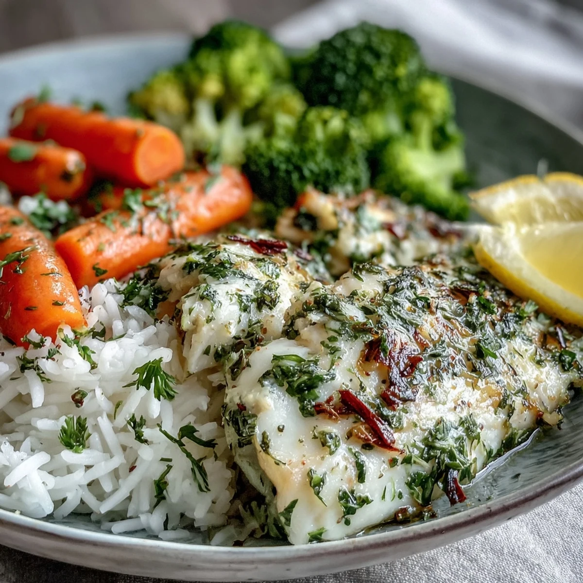 Golden herb-baked tilapia sits atop fluffy white rice with crisp steamed broccoli and carrots.
