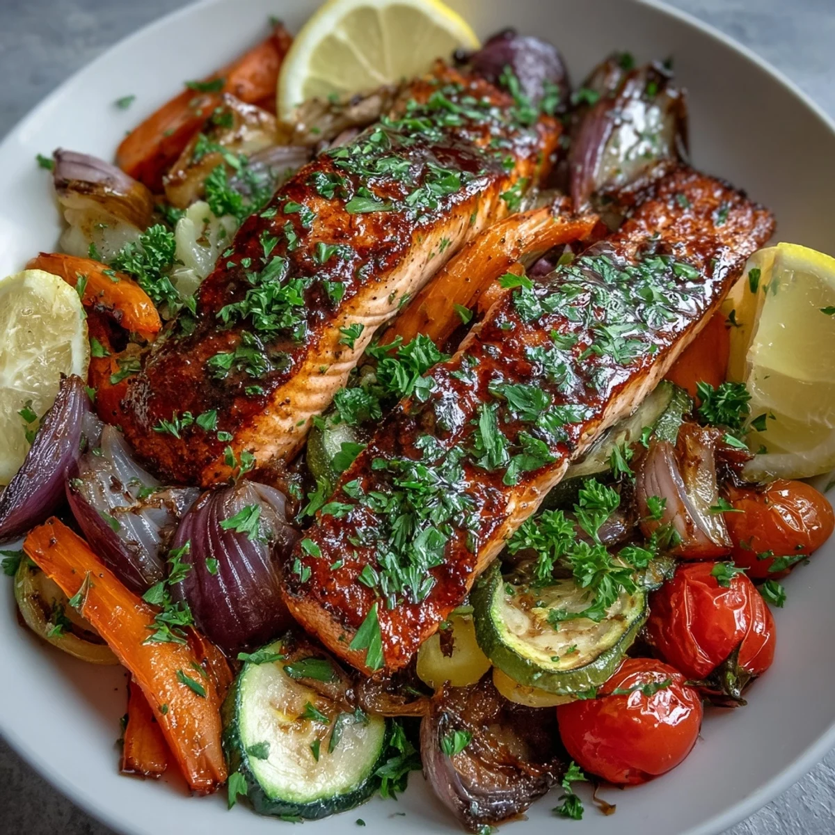 A healthy sheet pan salmon and veggies bowl ready to serve with a squeeze of fresh lemon.