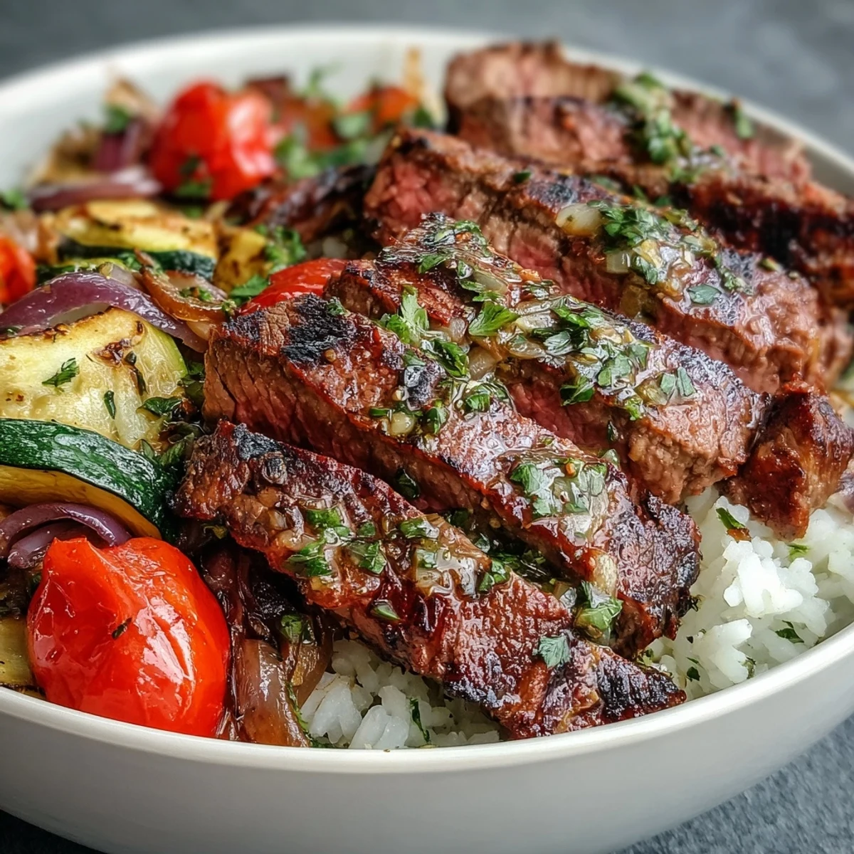 Juicy grilled steak and colorful roasted vegetables on fluffy rice in a Sheet Pan Steak and Veggie Bowl, finished with fresh parsley and lemon wedges.