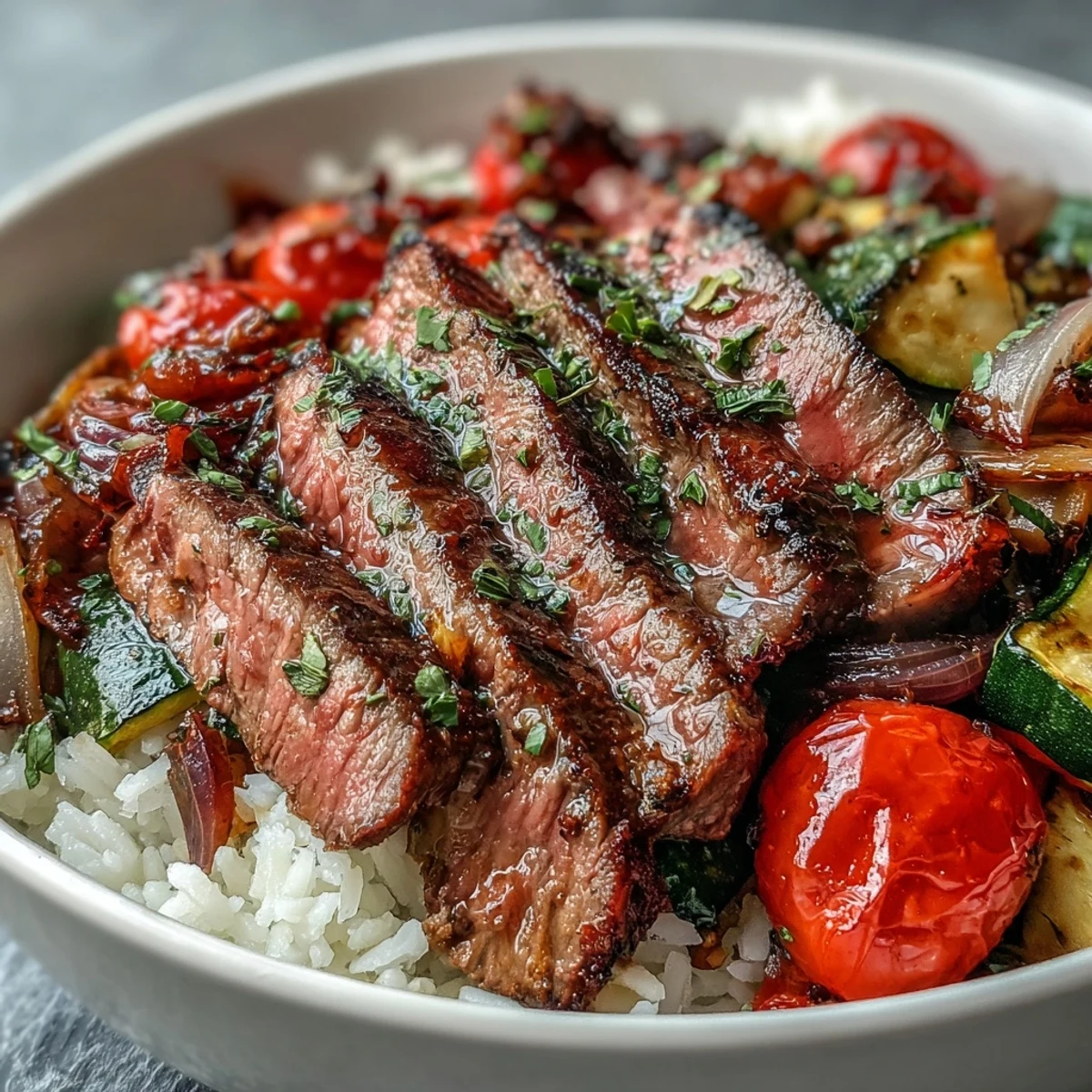 A close-up of sizzling steak and bell peppers from a Sheet Pan Steak and Veggie Bowl, served over steaming jasmine rice with a drizzle of tamari.