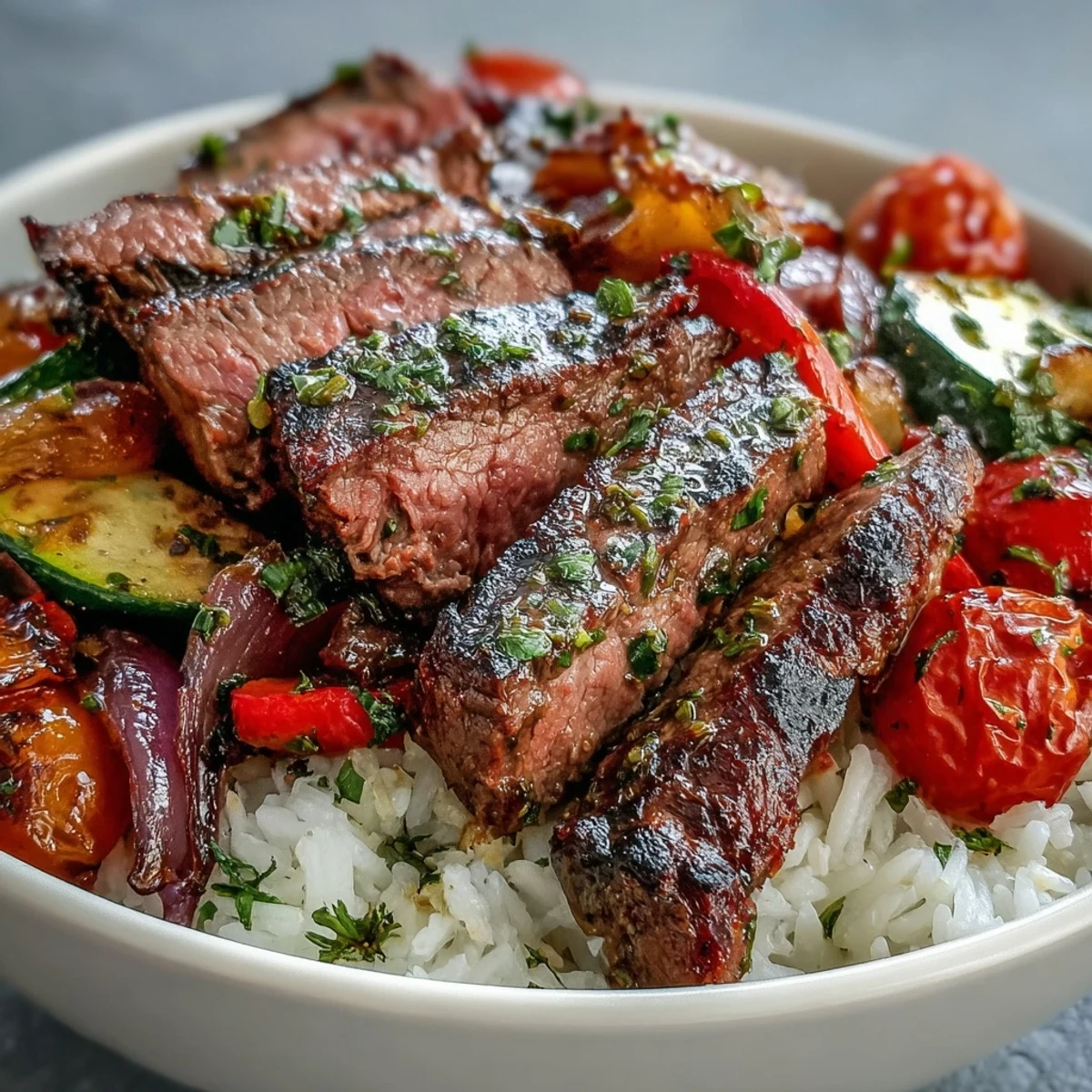 Tender sliced steak and caramelized zucchini in a Sheet Pan Steak and Veggie Bowl, garnished with herbs and lemon, ready for an easy weeknight dinner.