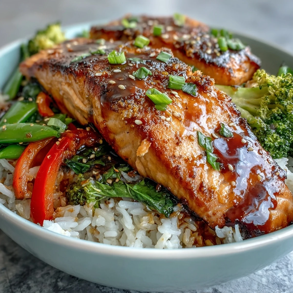 Golden-brown teriyaki salmon fillets glistening with glaze over fluffy rice and crisp vegetables in a Teriyaki Salmon Bowl.