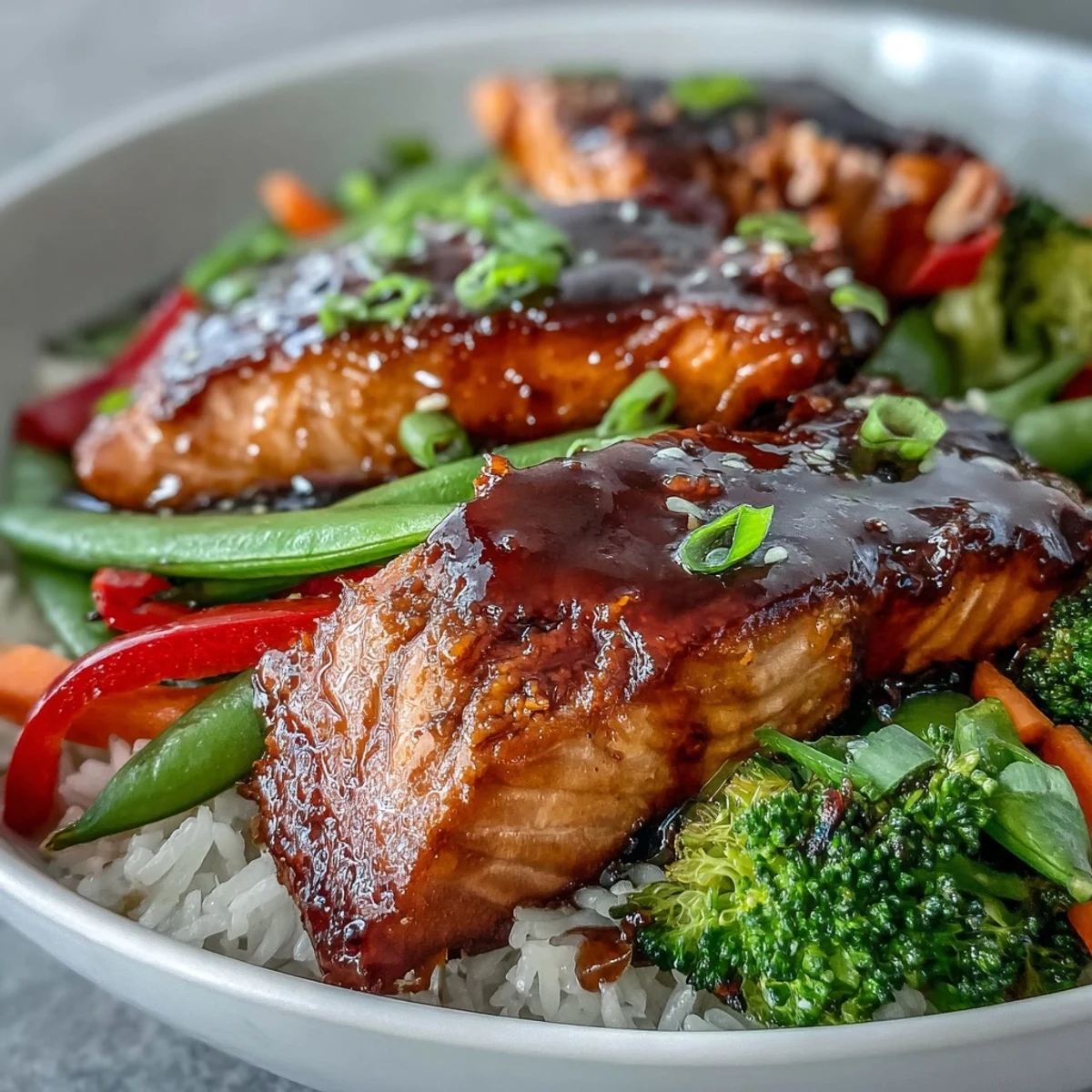 Vibrant stir-fry veggies and juicy glazed salmon nestled in steaming jasmine rice for a Teriyaki Salmon Bowl.