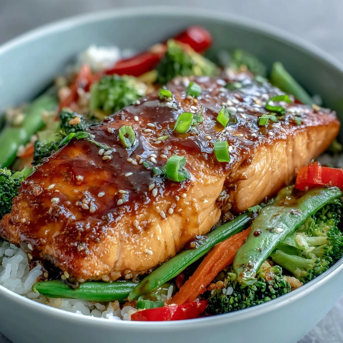 Savory-sweet Teriyaki Salmon Bowl topped with sesame seeds and scallions, ready to serve with chopsticks nearby.