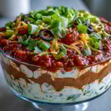A vibrant bowl of 4-Way Layered Dip surrounded by crunchy tortilla chips for a party appetizer.