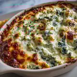 Creamy Spinach Artichoke Dip in a white baking dish, garnished with fresh parsley and red pepper flakes.
