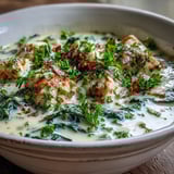 Golden-brown chicken pieces and wilted spinach swim in velvety, garlic-infused Parmesan broth.