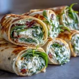Close-up of turkey, cheese, and spinach tortilla pinwheels, highlighting creamy cheese spread and fresh spinach peeking through rolled tortillas.
