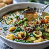 Hearty bowl of Spring Minestrone, seasoned with fresh herbs and ready to serve.