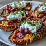 Generously filled loaded sweet potato skins, topped with sour cream and fresh green onions.