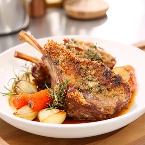Slow-Roasted Lamb Shanks, tender meat falling off the bone, served with rich, savory pan sauce.
