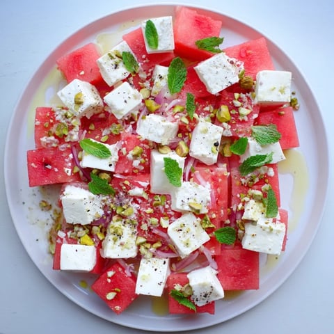 Fresh watermelon and feta salad glistening with balsamic glaze, a summer delight bursting with flavor.