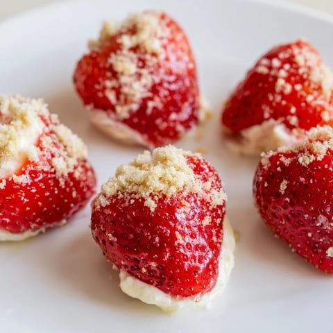 Fresh, vibrant Cheesecake Stuffed Strawberries, a perfect party treat, beautifully arranged with crumb topping.