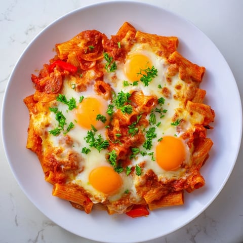 Shakshuka Baked Pasta, a vibrant, bubbly bake with runny eggs and fresh parsley garnish.