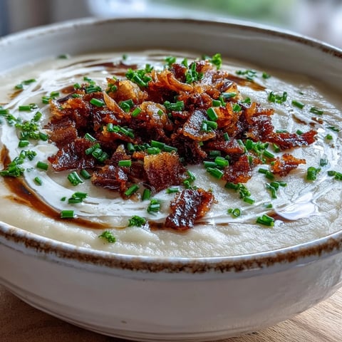 Creamy Celeriac Soup with Crispy Bacon ladled into a white bowl, garnished with chopped chives and bacon crumbles.