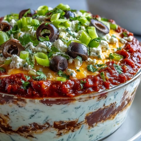 Freshly made 4-Way Layered Dip with refried beans and sour cream, topped with cheese, olives, and green onions.