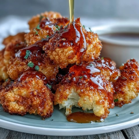 Golden-brown baked hot honey cauliflower florets coated in panko, glistening with a sweet-spicy glaze on a white plate.  
