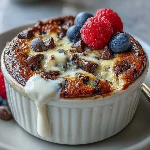 Golden-brown Baked Protein Pancake Bowl with fluffy center, topped with peanut butter, fresh blueberries, and a maple syrup drizzle, served in a ceramic ramekin.