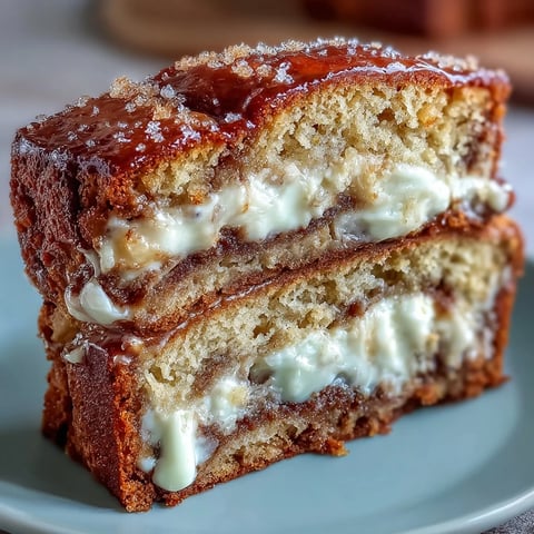 Freshly baked Cream Cheese Cinnamon Swirl Banana Bread loaf showcasing moist golden crumb and a thick cream cheese center on a rustic white board.