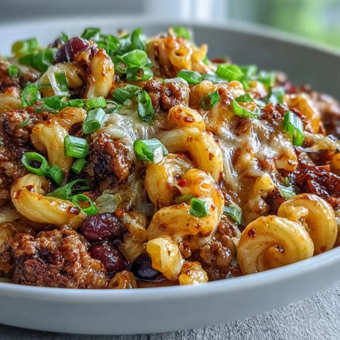 Creamy One-Pan High Protein Chili Mac with shredded cheddar and ground beef in a rustic skillet for a weeknight dinner.