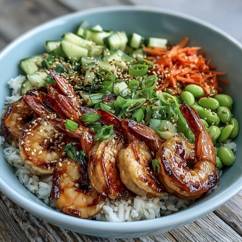 Grilled shrimp and crisp veggies over rice in an Asian Shrimp Bowl with sesame dressing.