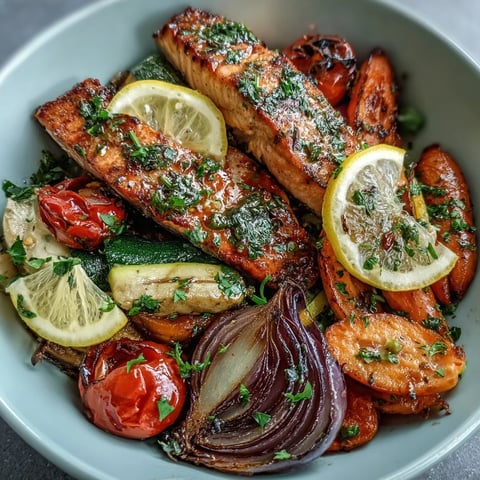 Golden-brown roasted salmon fillets and vibrant, caramelized vegetables fresh from the oven on a sheet pan.