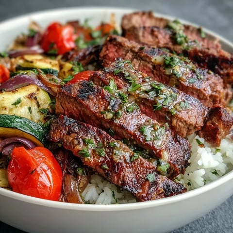 Juicy grilled steak and colorful roasted vegetables on fluffy rice in a Sheet Pan Steak and Veggie Bowl, finished with fresh parsley and lemon wedges.