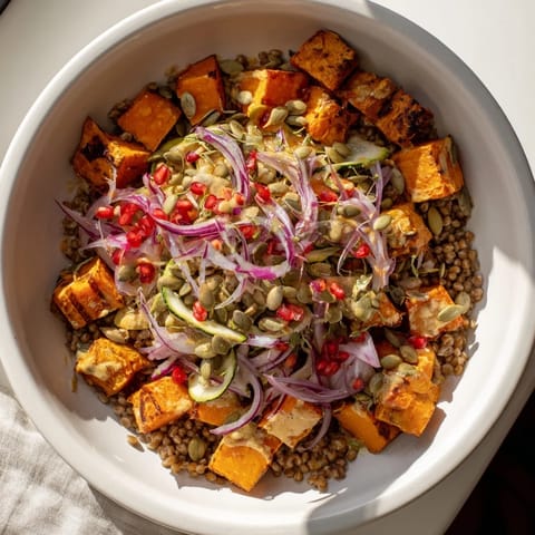 A close-up view of a delicious Hearty Roasted Vegetable and Farro Grain Bowl drizzled with creamy lemon-tahini dressing.