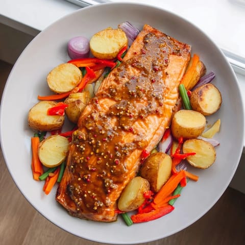 Golden-brown One-Tray Baked Salmon with honey mustard, served with roasted colorful vegetables on a tray.