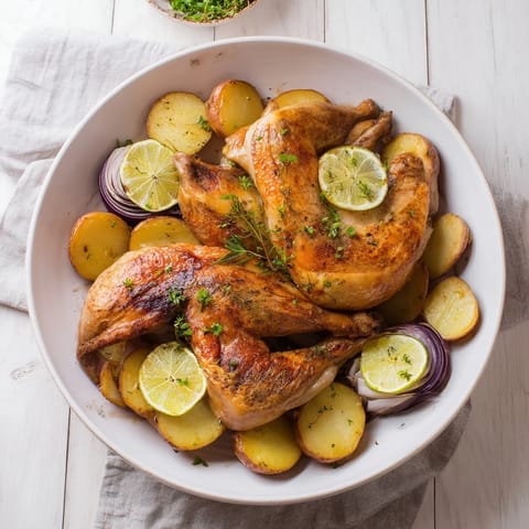 Vibrant image of One-Dish Baked Chicken Thighs with lemon; chicken sizzling atop potatoes, ready to eat.