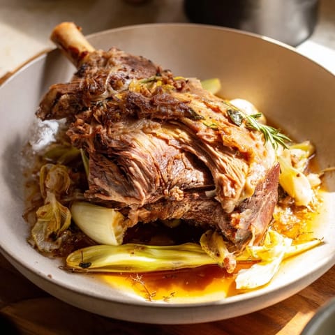 A close-up of Slow-Roasted Lamb Shanks, glistening and surrounded by roasted vegetables.