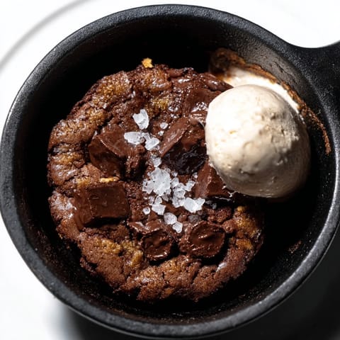 A warm, baked chocolate chunk skillet cookie, garnished with sea salt and ready to serve.