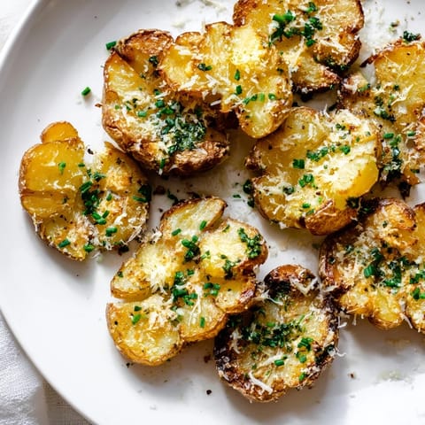 Fluffy inside with crunchy edges, these Parmesan smashed potatoes are served fresh from the oven.