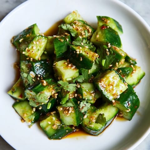 Close-up of Chinese Spicy Smashed Cucumber Salad, garnished with sesame seeds and fresh cilantro awaiting a delightful bite.