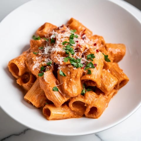 This gorgeous bowl of Gigi Hadid-Style Spicy Rigatoni showcases perfectly sauced rigatoni, garnished with fresh parsley and extra Parmesan.