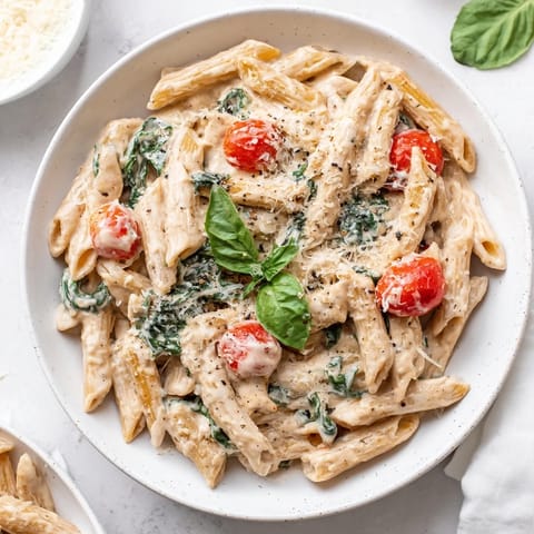 A steaming bowl of Cottage Cheese High-Protein Creamy Pasta, ready for a satisfying, healthy dinner.