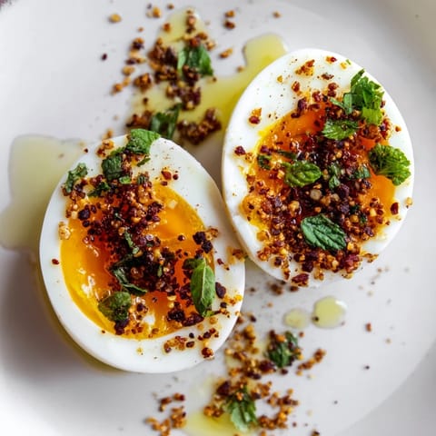 These vibrant Dukkah-Spiced Eggs feature golden yolks, bright green herbs, and a flavorful spice topping.