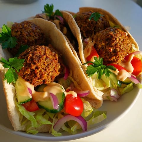 A close-up of a delicious falafel pita pocket, ready with colorful fresh ingredients and sauces.
