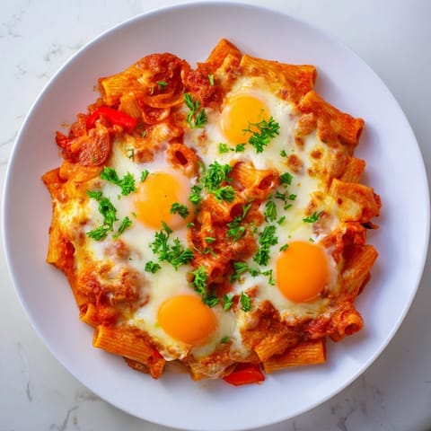 Shakshuka Baked Pasta, a vibrant, bubbly bake with runny eggs and fresh parsley garnish.