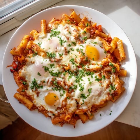 This Shakshuka Baked Pasta features a luscious tomato sauce, perfectly cooked pasta with baked eggs.