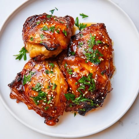 A close-up view reveals tender, juicy chicken thighs in a rich Honey Garlic Glazed Chicken sauce, paired with steamed rice and a sprinkle of sesame seeds.  