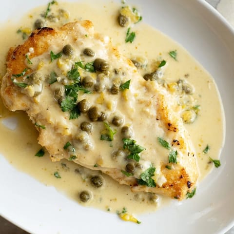 Luscious Creamy Chicken Piccata served over pasta, garnished with fresh parsley and a lemon wedge for a comforting Italian-American meal.