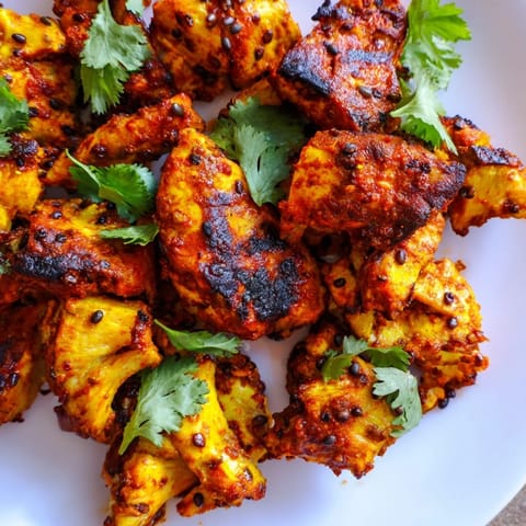 Fragrant Indian Tikka Spiced Chicken with a vibrant red hue, garnished with sliced red onion on a plate.