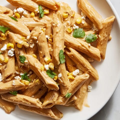 Savory Mexican Street Corn Pasta served warm in a bowl, featuring rotini pasta coated in a creamy chili-lime sauce and topped with crumbled cotija cheese.