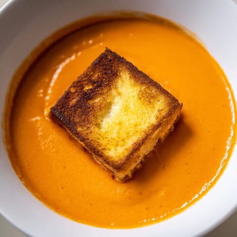Steaming creamy roasted tomato soup with crispy grilled cheese croutons, served with fresh basil garnish.  