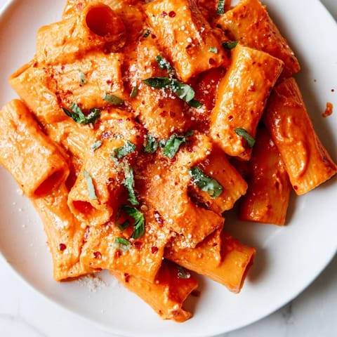A hearty bowl of Spicy Rigatoni Pasta served with a crisp green salad and a glass of white wine, perfect for a comforting dinner.