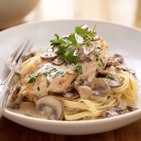 Savory Creamy Chicken Marsala with tender chicken in a creamy mushroom and Marsala sauce, served over fettuccine.  
