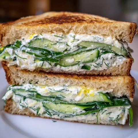 Warm golden grilled cheese sandwich made with whipped feta and cream cheese, layered with crisp cucumber and tangy lemon flavor.  